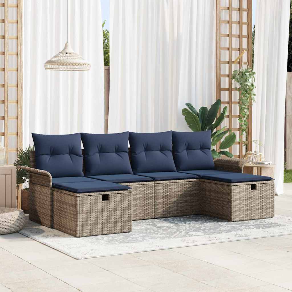 Tuin Sofa Set met kussen 6 pcs Grijs en Marineblauw poly rattan