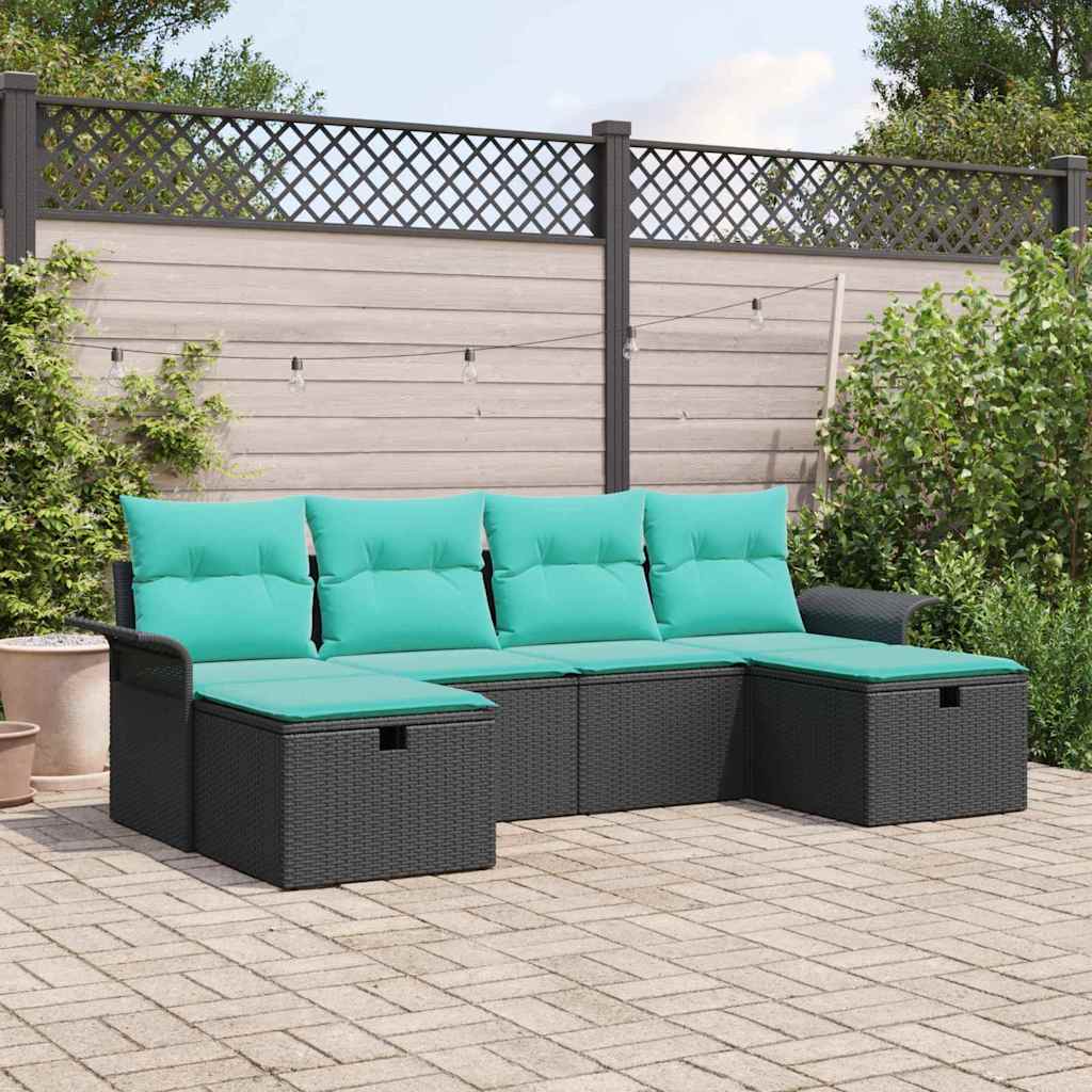 Tuin Sofa Set met kussen 6 pcs Zwart en Turquoise poly rattan