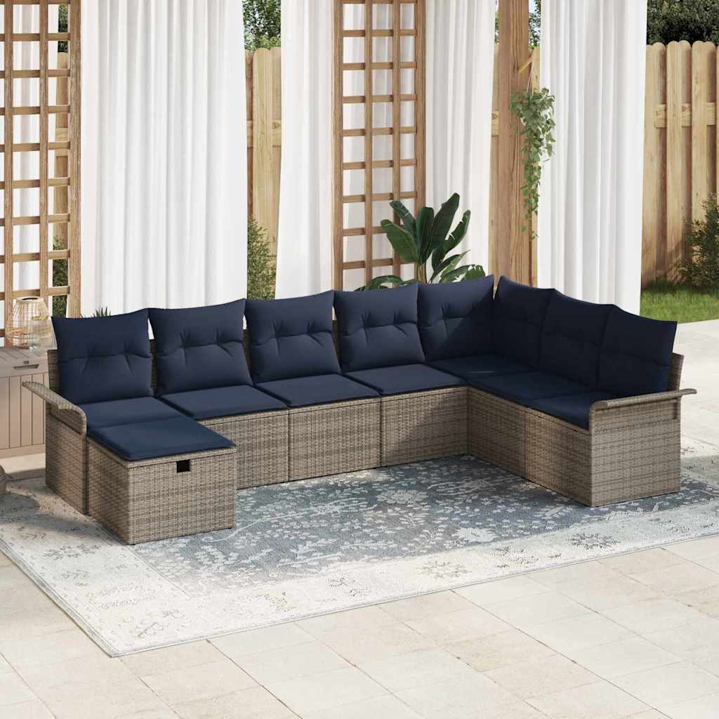 Tuin Sofa Set met kussen 8 pcs Grijs en Marineblauw poly rattan