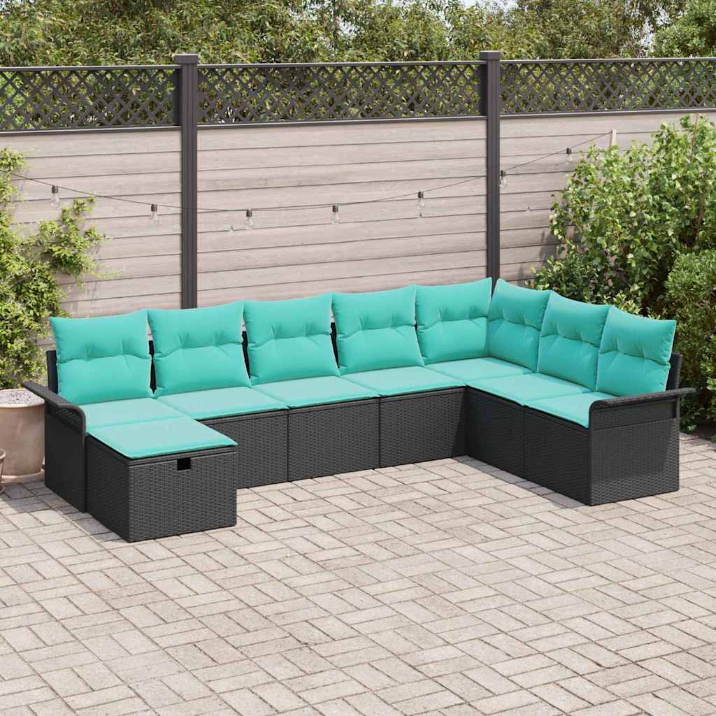 Tuin Sofa Set met kussen 8 pcs Zwart en Turquoise poly rattan