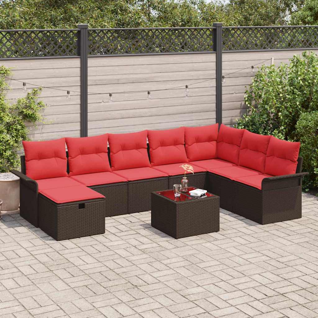 Tuin Sofa Set met kussen 9 pcs Bruin en Rood poly rattan