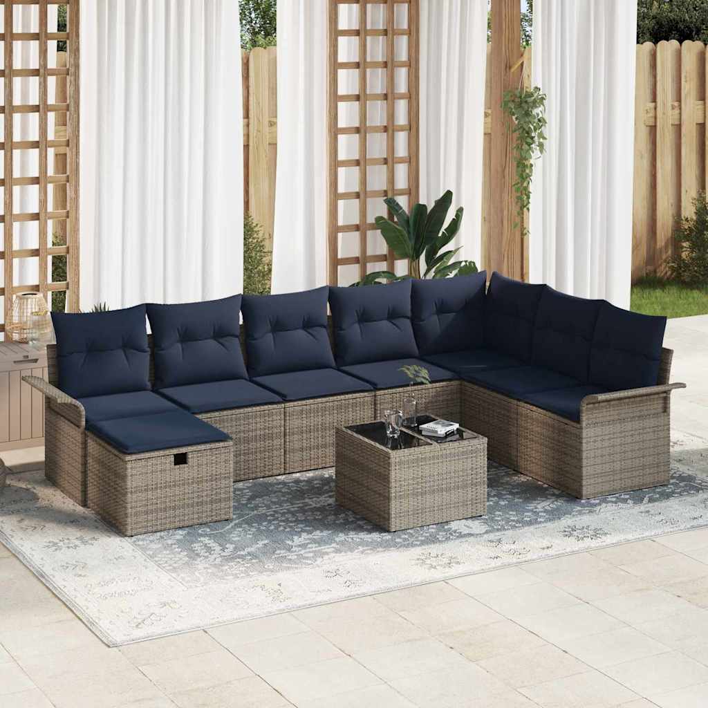 Tuin Sofa Set met kussen 9 pcs Grijs en Marineblauw poly rattan