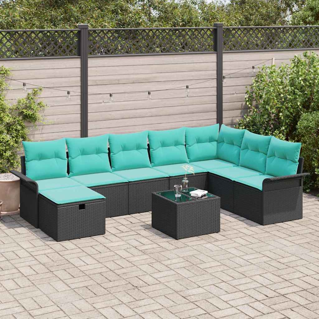 Tuin Sofa Set met kussen 9 pcs Zwart en Turquoise poly rattan