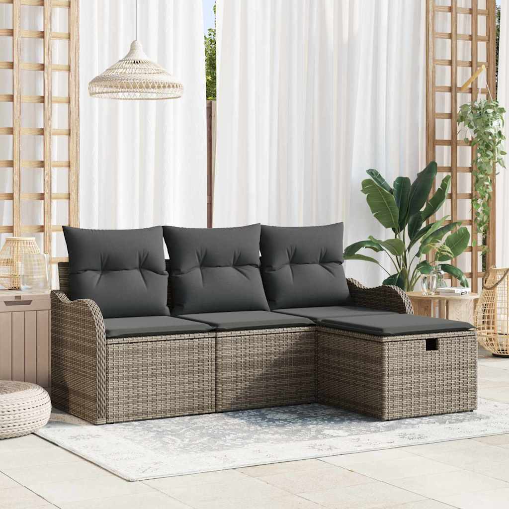 Tuinbankenset met kussen met opslag 4 pcs Grijs poly rattan