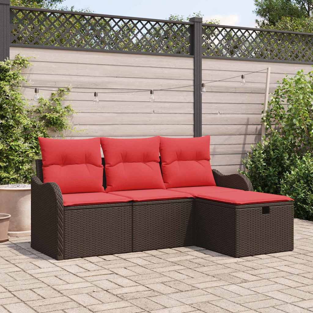 Tuin Sofa Set met kussen 4 pcs Bruin en Rood poly rattan