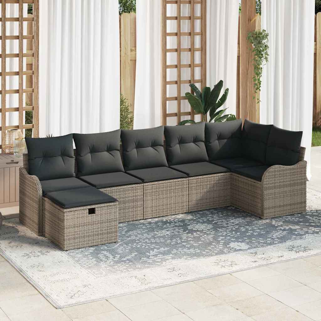 Bankstel met kussen met opslag 7 pcs Grijs poly rattan