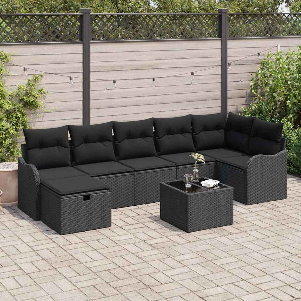 Bankstel met kussen met opslag 8 pcs Zwart poly rattan