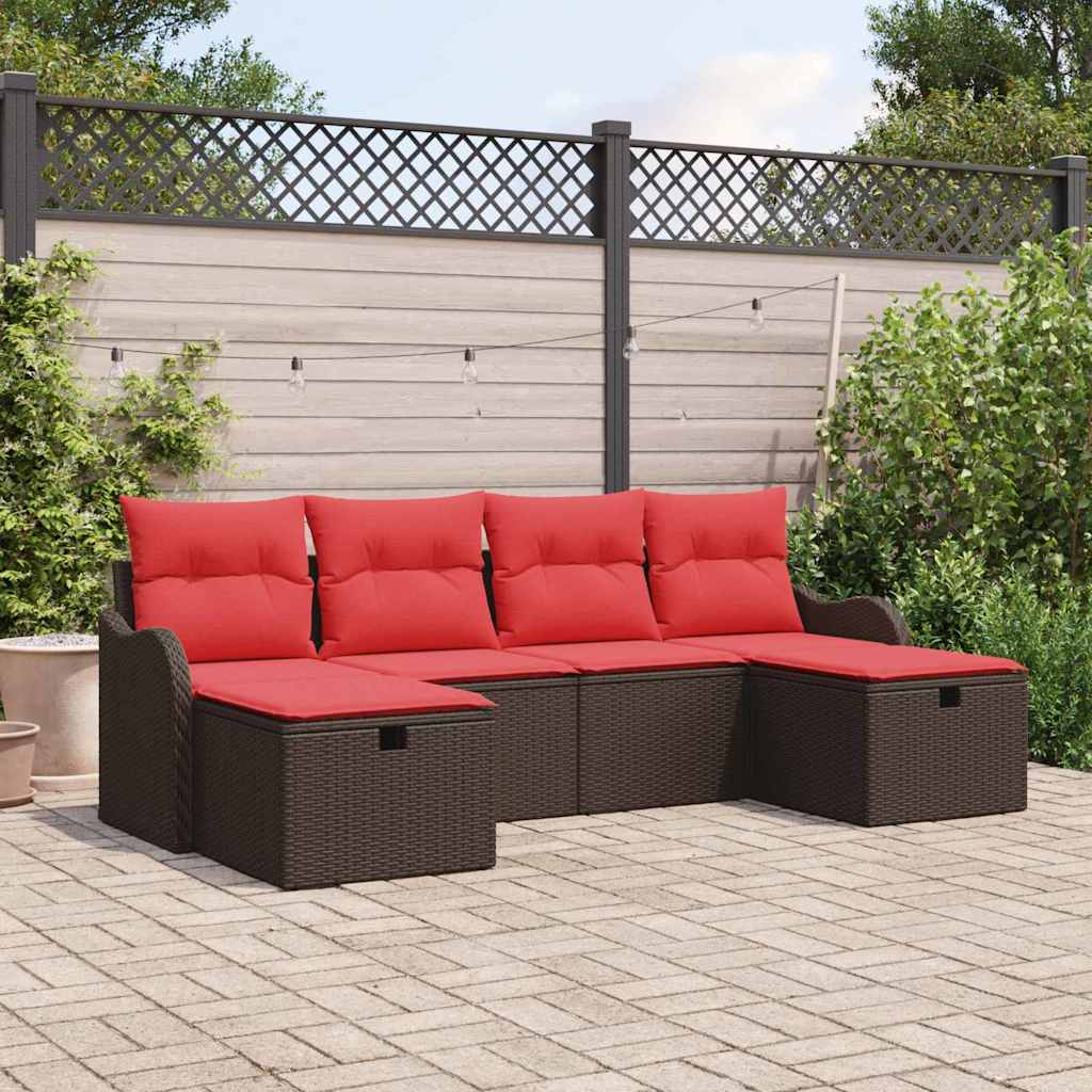 Bankstel met kussen met opslag 6 pcs Bruin en Rood poly rattan
