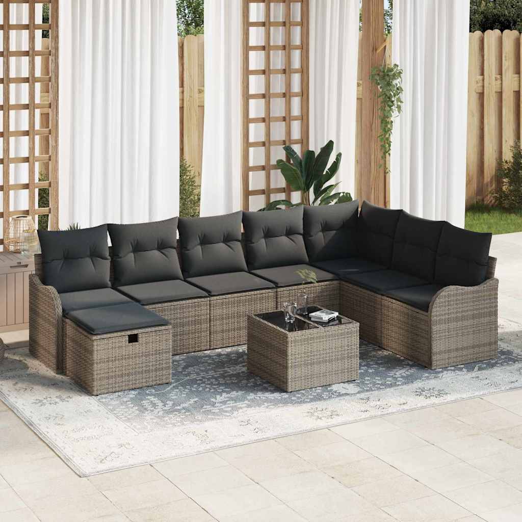Bankstel met kussen met opslag 9 pcs Grijs poly rattan