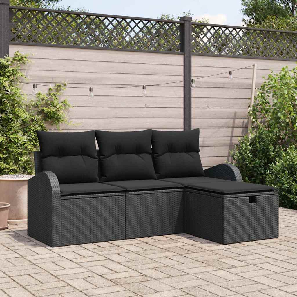 Bankstel met kussen met opslag 4 pcs Zwart poly rattan