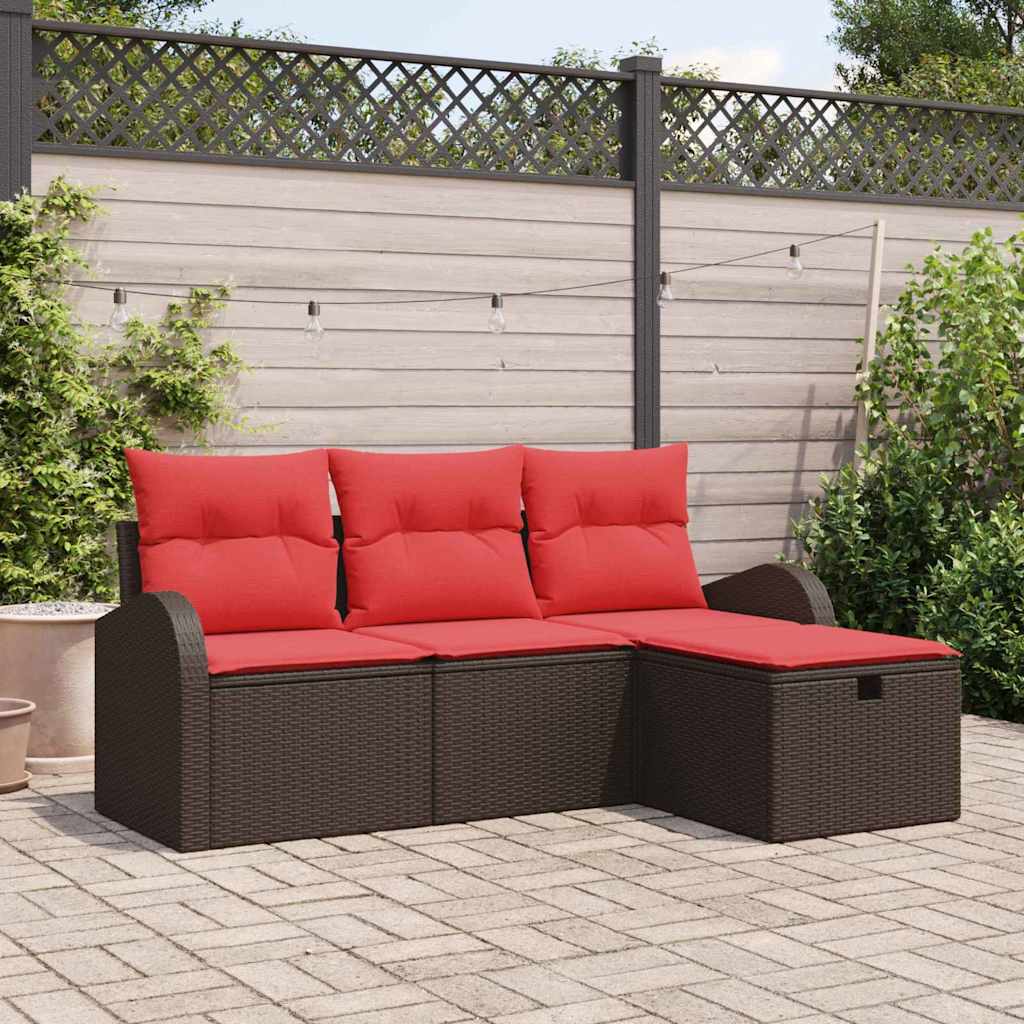 Bankstel met kussen met opslag 4 pcs Bruin en Rood poly rattan