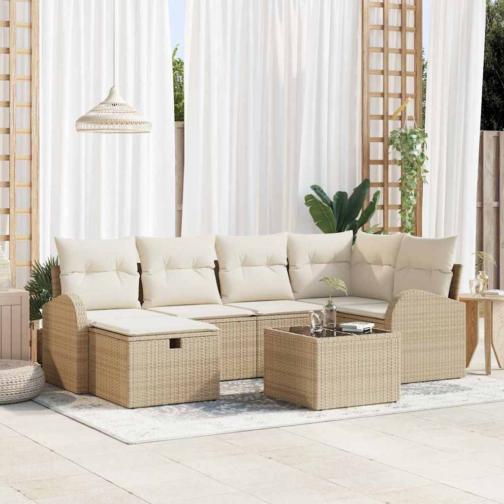 Bankstel met kussen met opslag 7 pcs Beige en Crème poly rattan