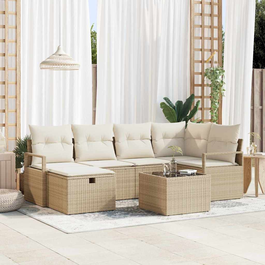 Bankstel met kussen met opslag 7 pcs Beige en Crème poly rattan