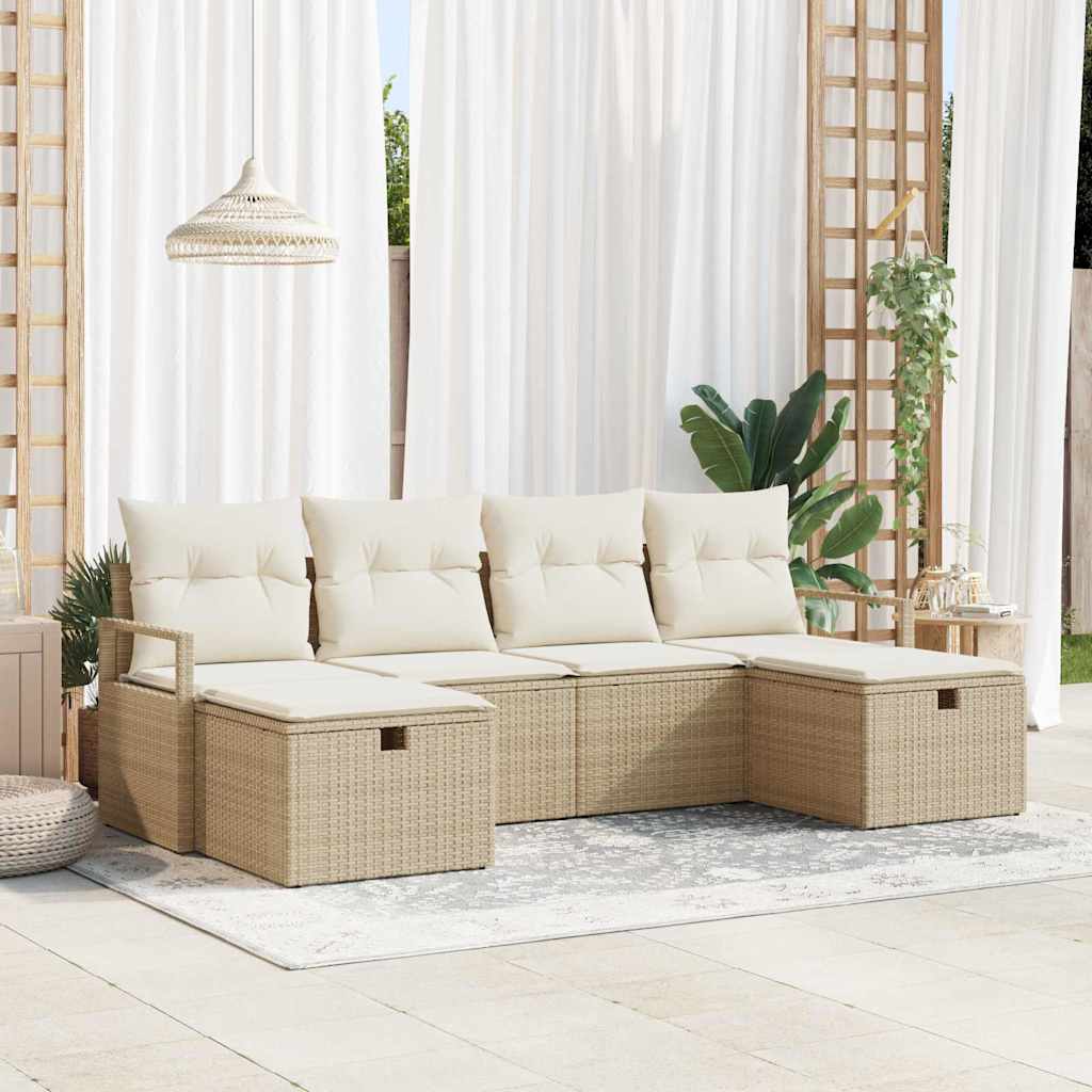 Bankstel met kussen met opslag 6 pcs Beige en Crème poly rattan