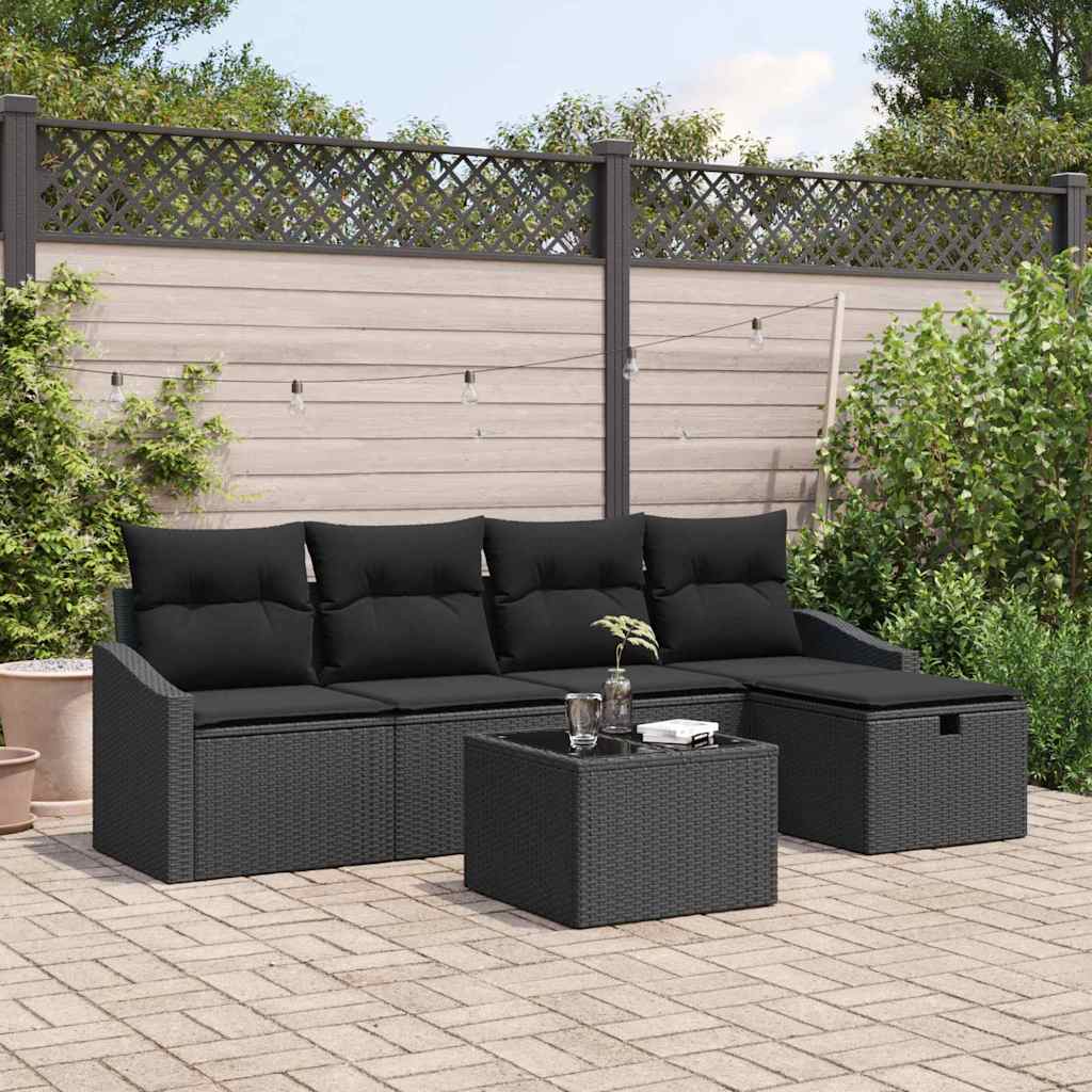 Bankstel met kussen met opslag 6 pcs Zwart poly rattan