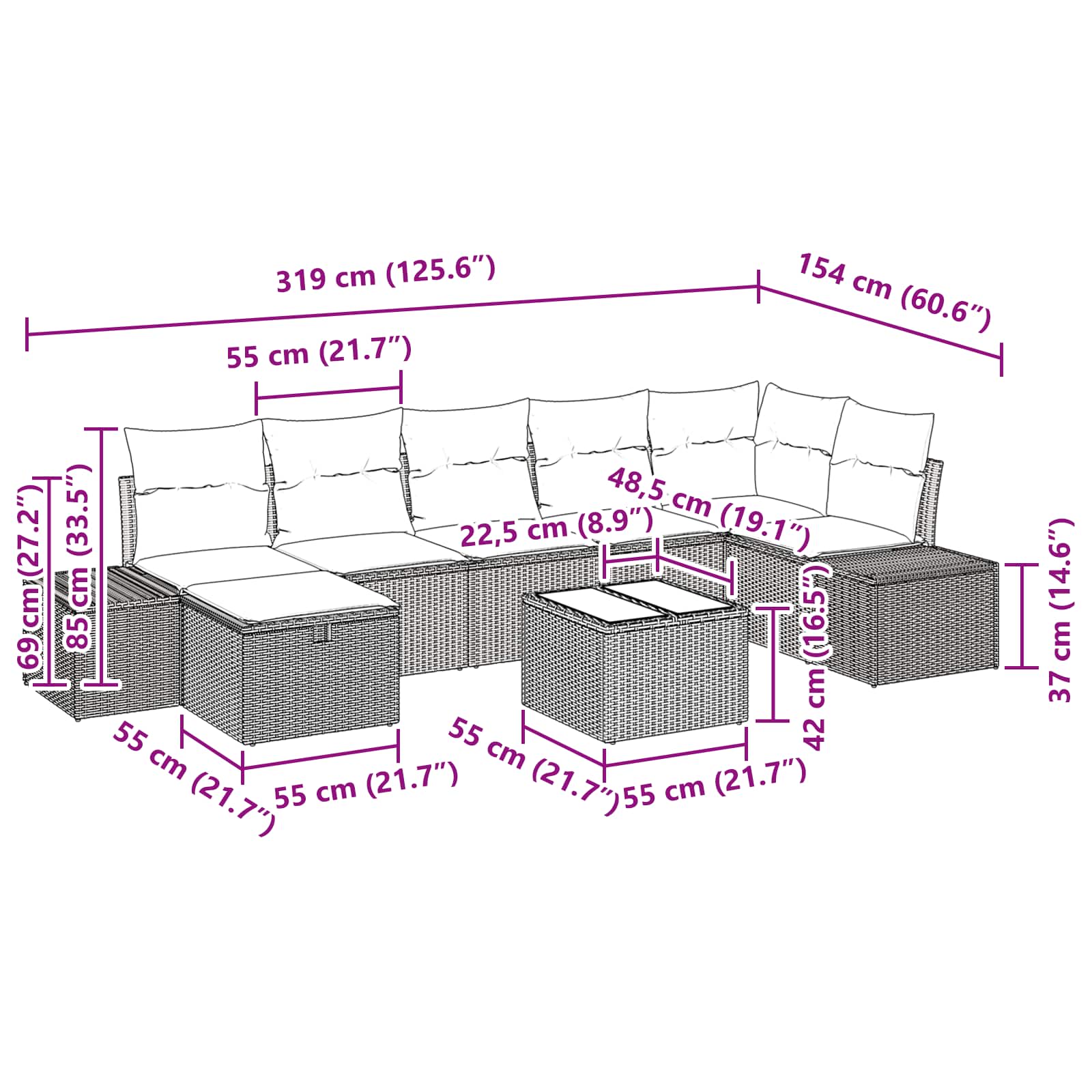 Tuin Sofa Set met kussen 8 pcs Zwart poly rattan – afbeelding 11