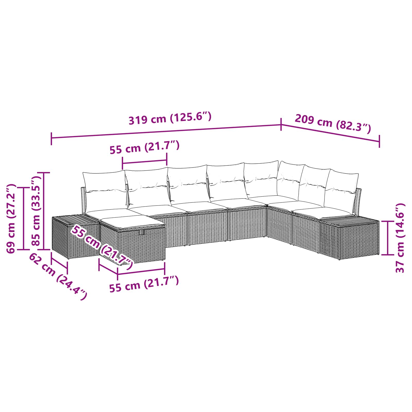 Tuin Sofa Set met kussen 8 pcs Zwart poly rattan – afbeelding 10