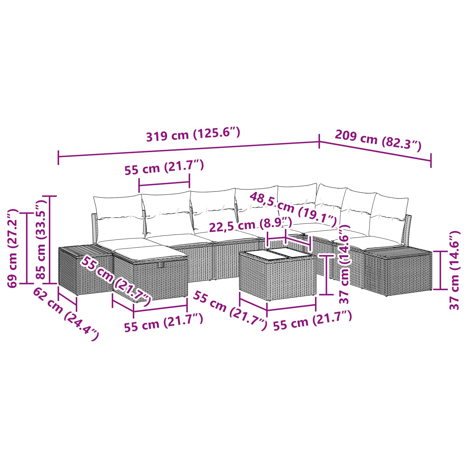 Tuin Sofa Set met kussen 9 pcs Zwart poly rattan – afbeelding 11