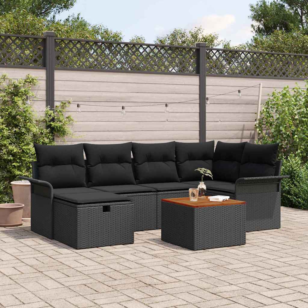 Tuinbankenset met kussen met opslag 7 pcs Zwart poly rattan