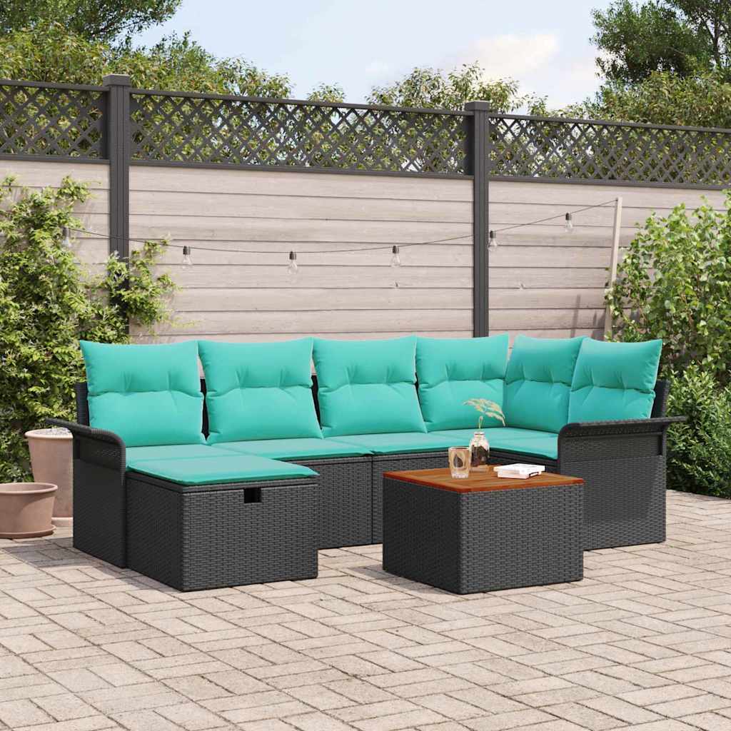Tuinbankenset met kussen met opslag 7 pcs Zwart poly rattan – afbeelding 1