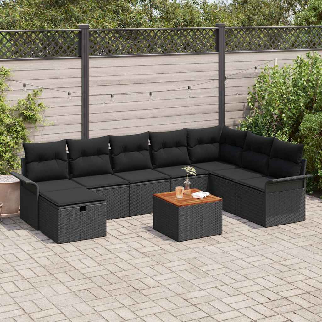 Tuinbankenset met kussen met opslag 9 pcs Zwart poly rattan – afbeelding 1