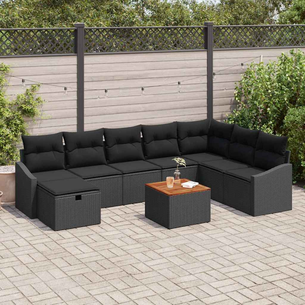 Tuinbankenset met kussen met opslag 9 pcs Zwart poly rattan – afbeelding 1