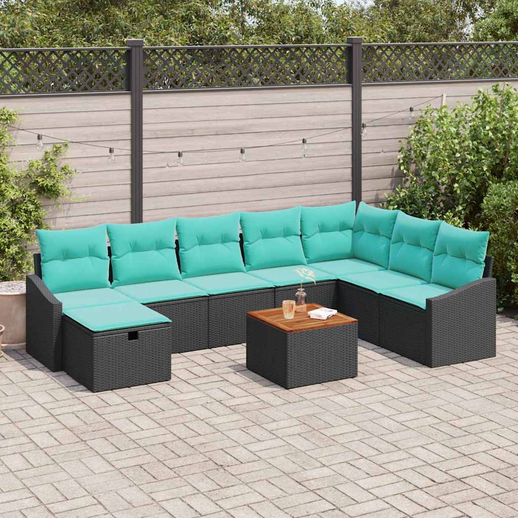 Tuinbankenset met kussen met opslag 9 pcs Zwart poly rattan – afbeelding 1