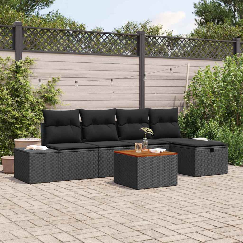 Tuinbankenset met kussen met opslag 6 pcs Zwart poly rattan