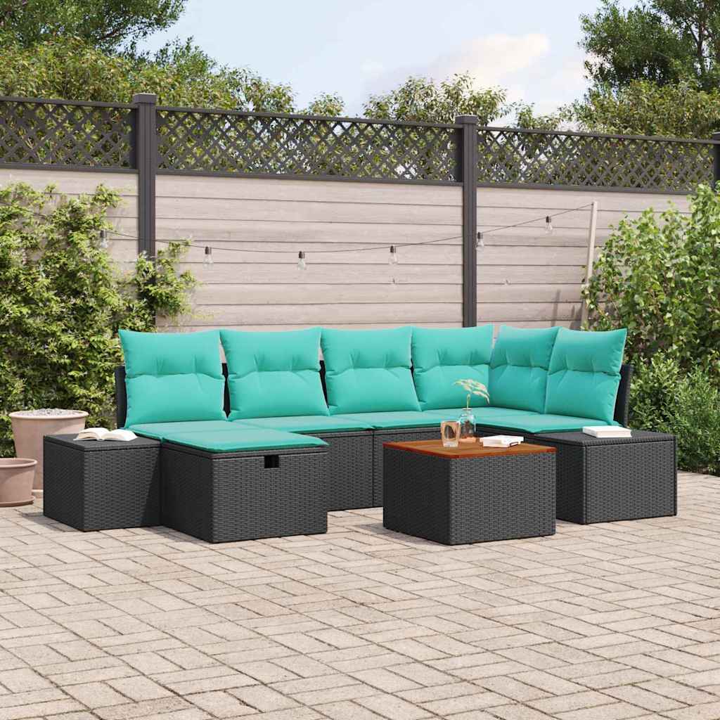 Tuinbankenset met kussen met opslag 7 pcs Zwart poly rattan – afbeelding 1