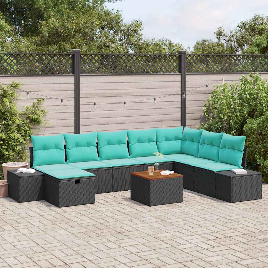 Tuin Sofa Set met kussen met opslag 9 pcs Zwart Poly riet – afbeelding 1