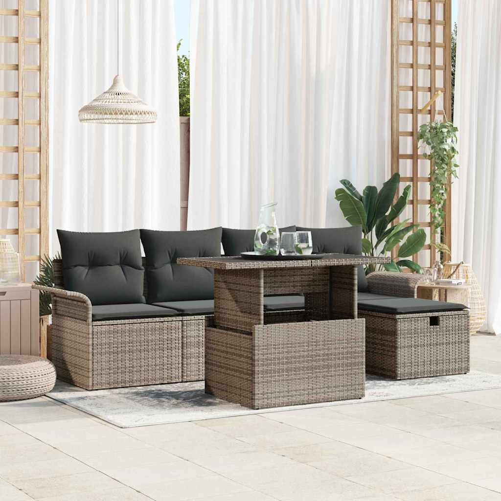 Tuin Sofa Set met kussen met opslag 6 pcs Grijs Poly riet – afbeelding 1