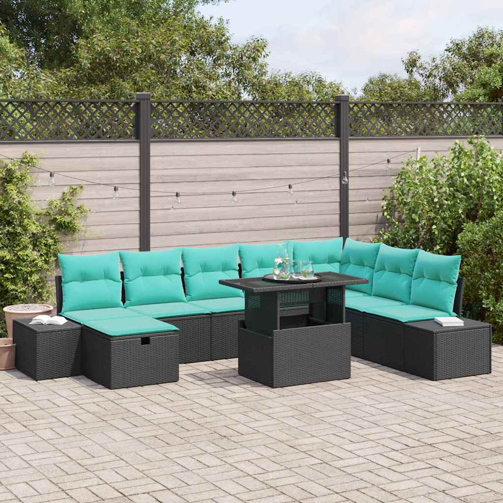 Tuin Sofa Set met kussen met opslag 9 pcs Zwart Poly riet – afbeelding 1