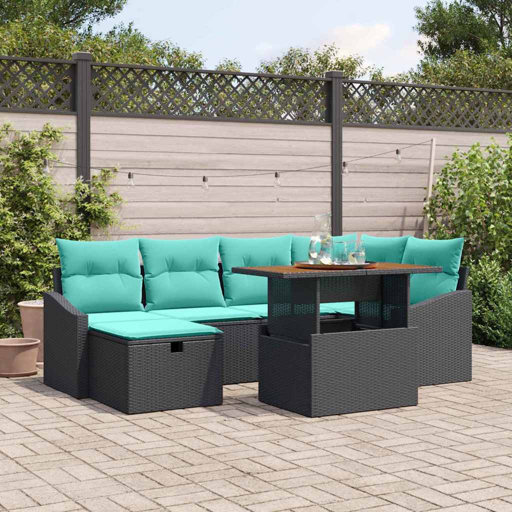 Tuinbankenset met kussen met opslag 7 pcs Zwart poly rattan – afbeelding 1