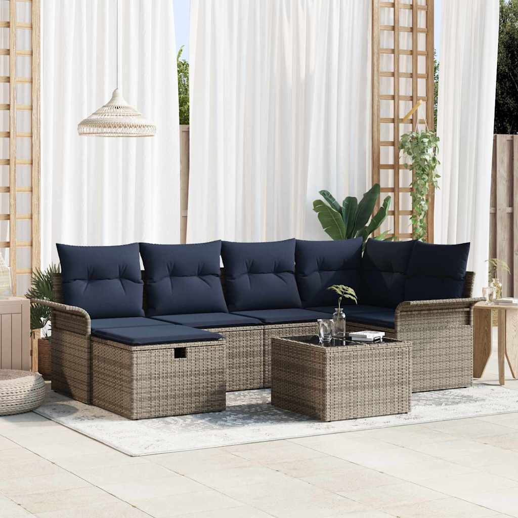 Tuin Sofa Set met kussen met opslag 7 pcs Grijs Poly riet – afbeelding 1
