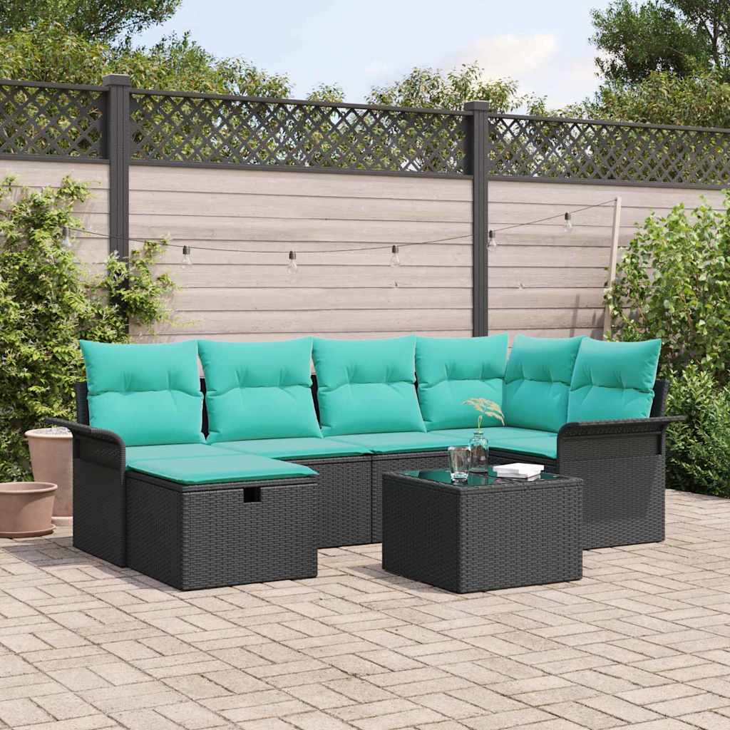 Tuin Sofa Set met kussen met opslag 7 pcs Zwart Poly riet – afbeelding 1