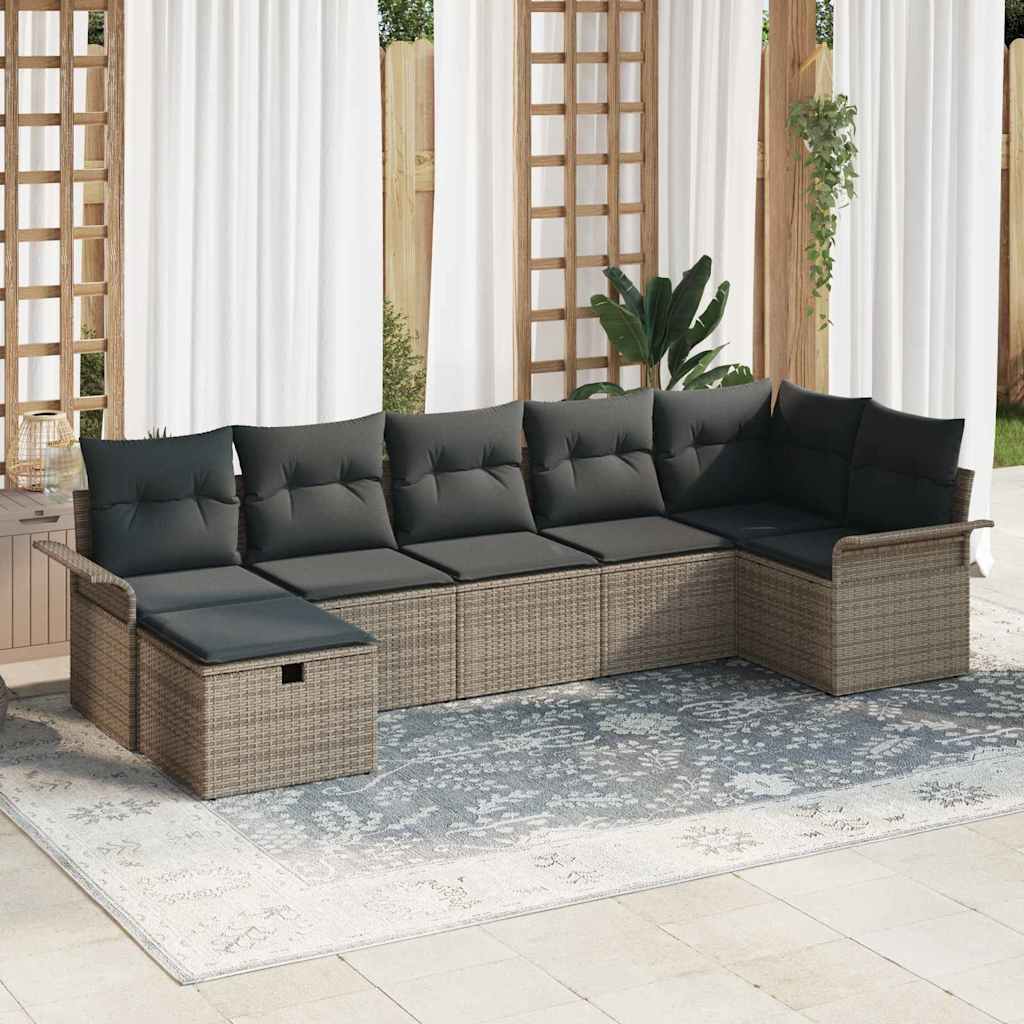 Tuin Sofa Set met kussen met opslag 7 pcs Grijs Poly riet – afbeelding 1
