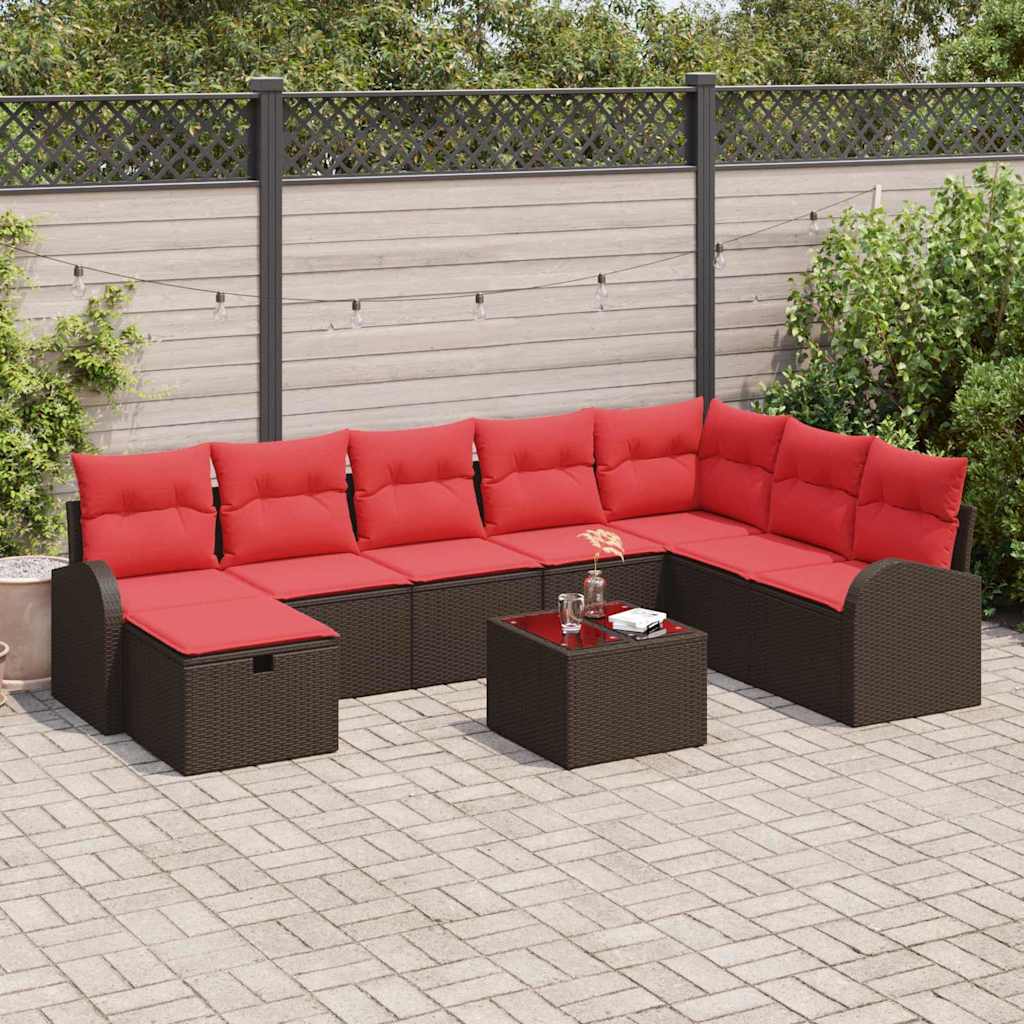 Tuin Sofa Set met kussen met opslag 9 pcs Bruin Poly riet – afbeelding 1