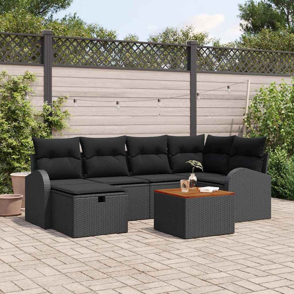 Tuinbankenset met kussen met opslag 7 pcs Zwart Poly riet