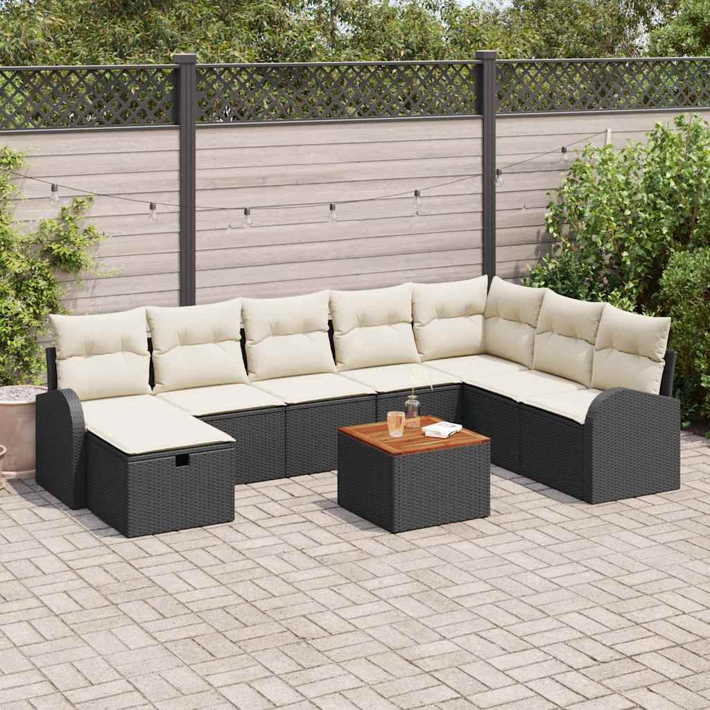 Tuinbankenset met kussen met opslag 9 pcs Zwart Poly riet – afbeelding 1
