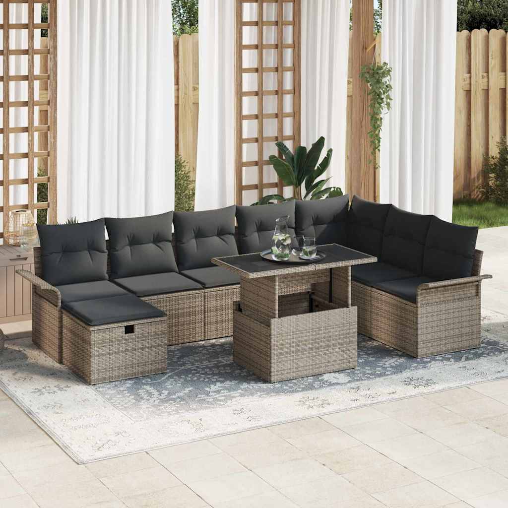Tuin Sofa Set met kussen met opslag 9 pcs Grijs Poly riet – afbeelding 1