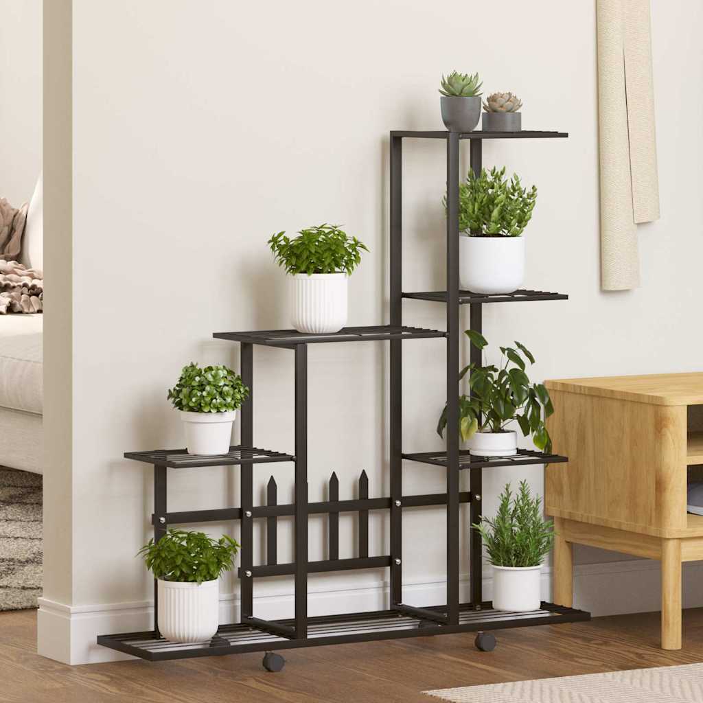 Bloemenstandaard met wielen 94,5x25x92,5 cm metaal zwart