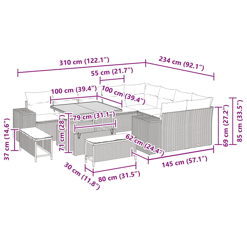 Tuin Sofa Set met kussen 12 pcs Beige poly rattan – afbeelding 12