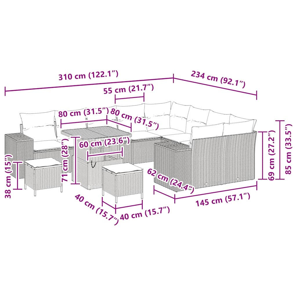 Tuin Sofa Set met kussen 12 pcs Beige poly rattan – afbeelding 12