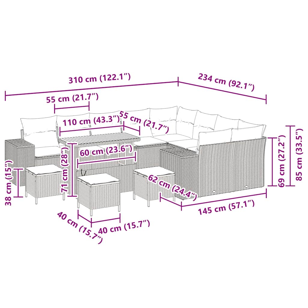 Tuin Sofa Set met kussen 13 pcs Beige poly rattan – afbeelding 12