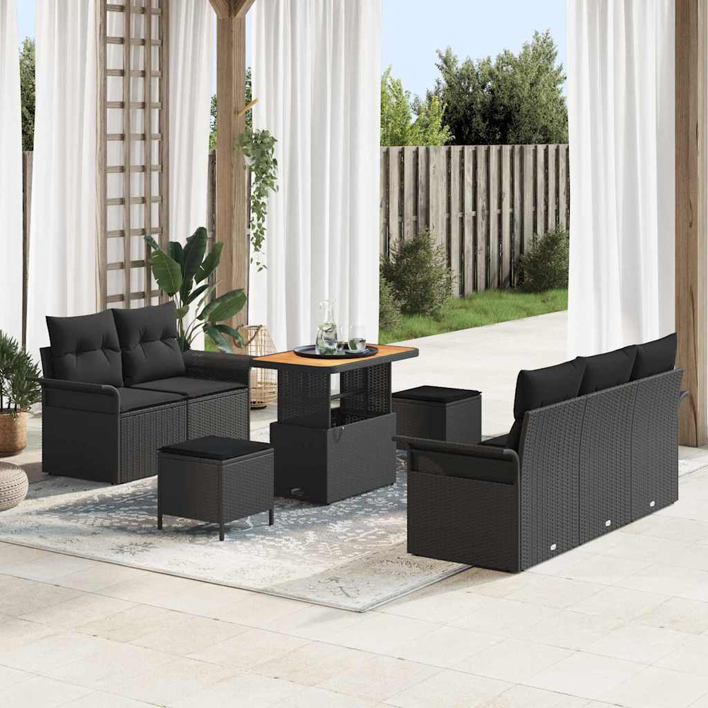 Tuinbankenset met kussen 8 pcs Zwart poly rattan – afbeelding 1