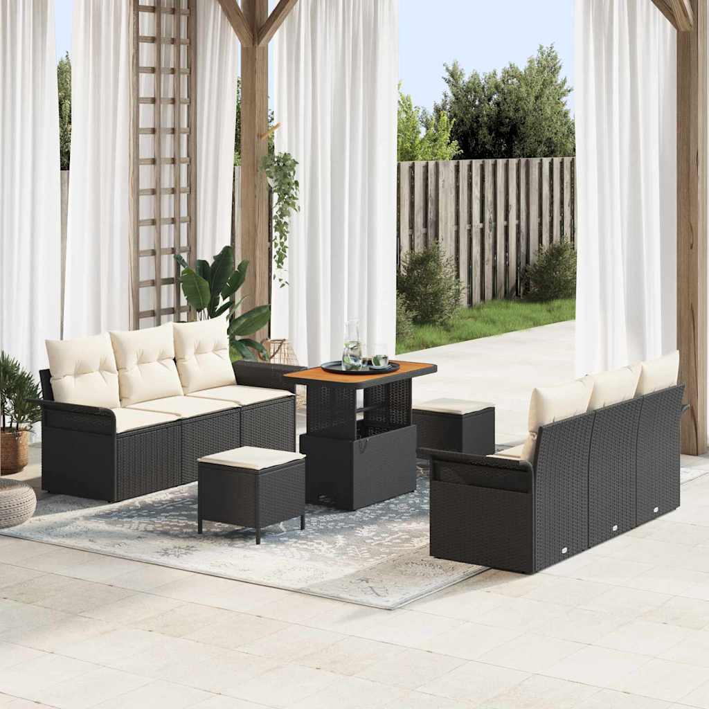 Tuinbankenset met kussen 9 pcs Zwart poly rattan – afbeelding 1