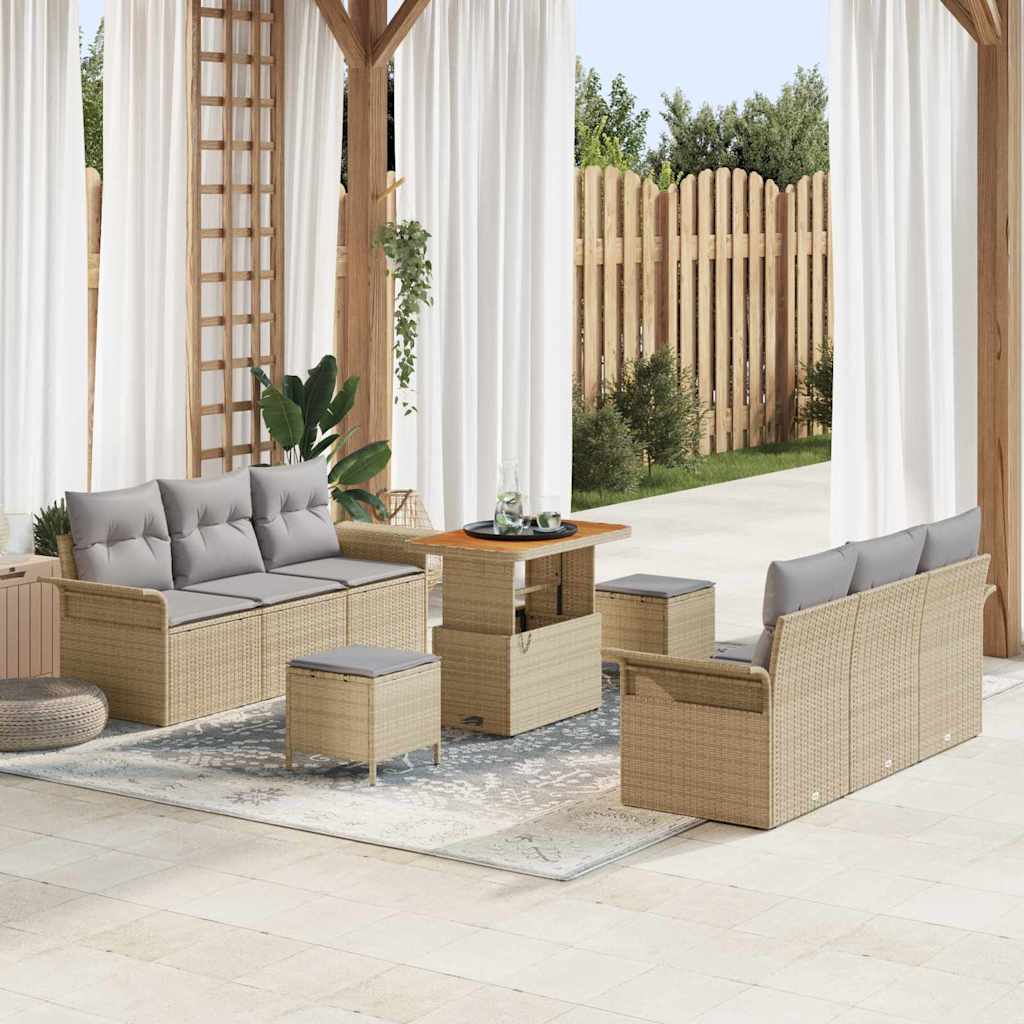 Tuinbankenset met kussen 9 pcs Beige poly rattan – afbeelding 1