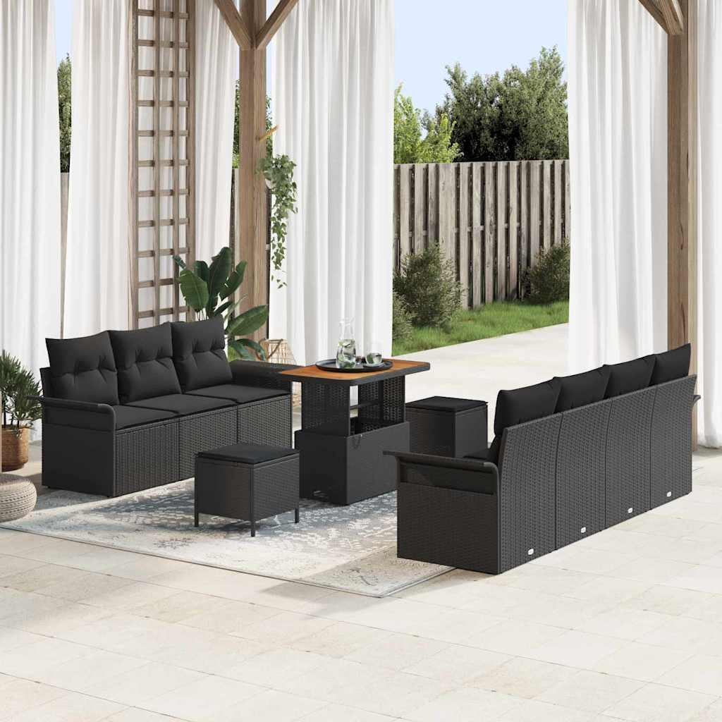 Tuinbankenset met kussen 10 pcs Zwart poly rattan – afbeelding 1