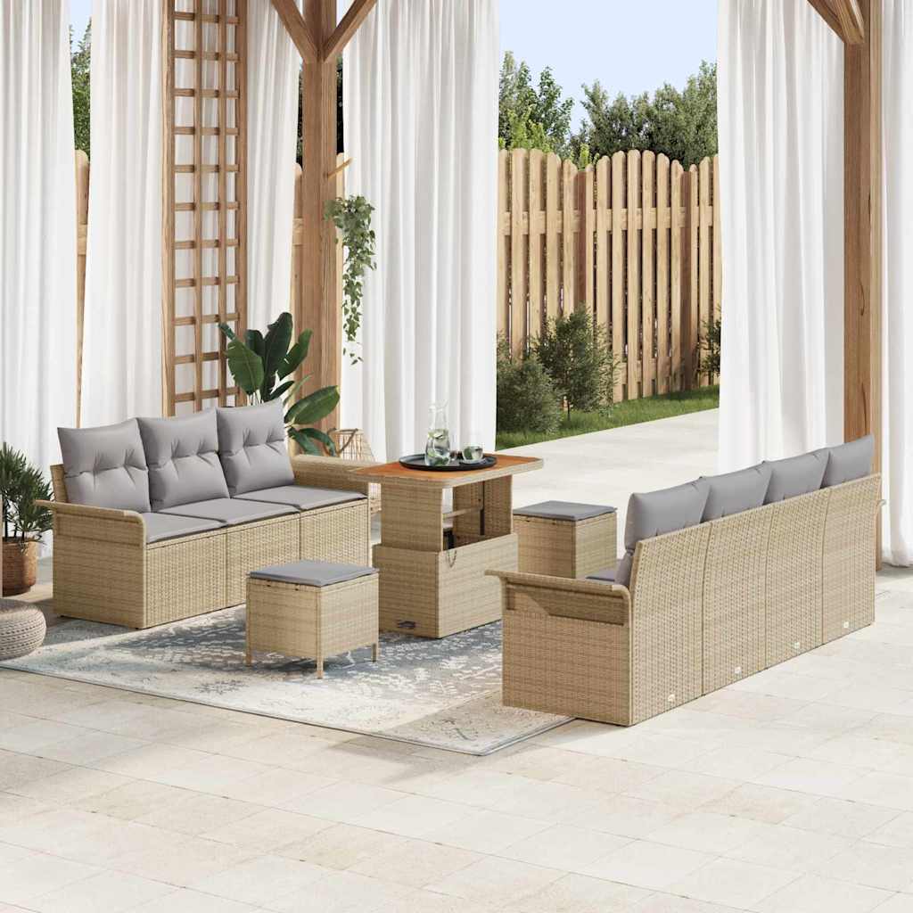 Tuinbankenset met kussen 10 pcs Beige poly rattan – afbeelding 1