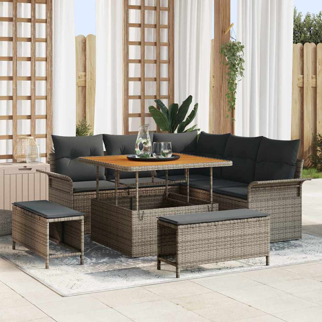 Tuinbankenset met kussen 8 pcs Grijs poly rattan – afbeelding 1